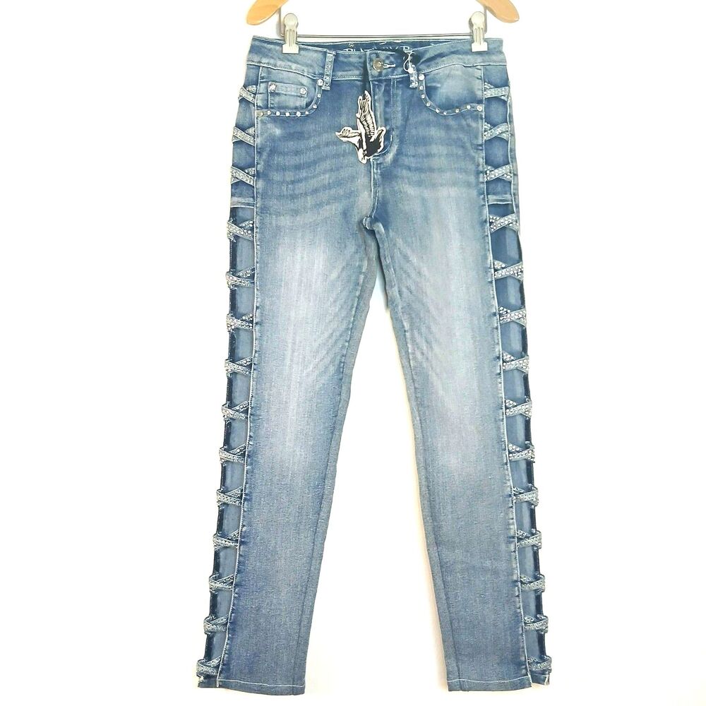 NWT Platinum Plush LA Rhinestone Mesh X Cutout Jeans Light Wash Slim 7 Y2K